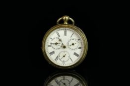 SILVER OPEN FACED POCKET WATCH,WITH DAY AND DATE INLAY CIRCLES, round, white dial with gold hands,