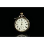 SILVER OPEN FACED POCKET WATCH, round, white roman numeral dial with gold hands, black roman numeral
