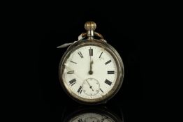 SILVER OPEN FACED POCKET WATCH, round, white roman numeral dial with gold hands, black roman numeral