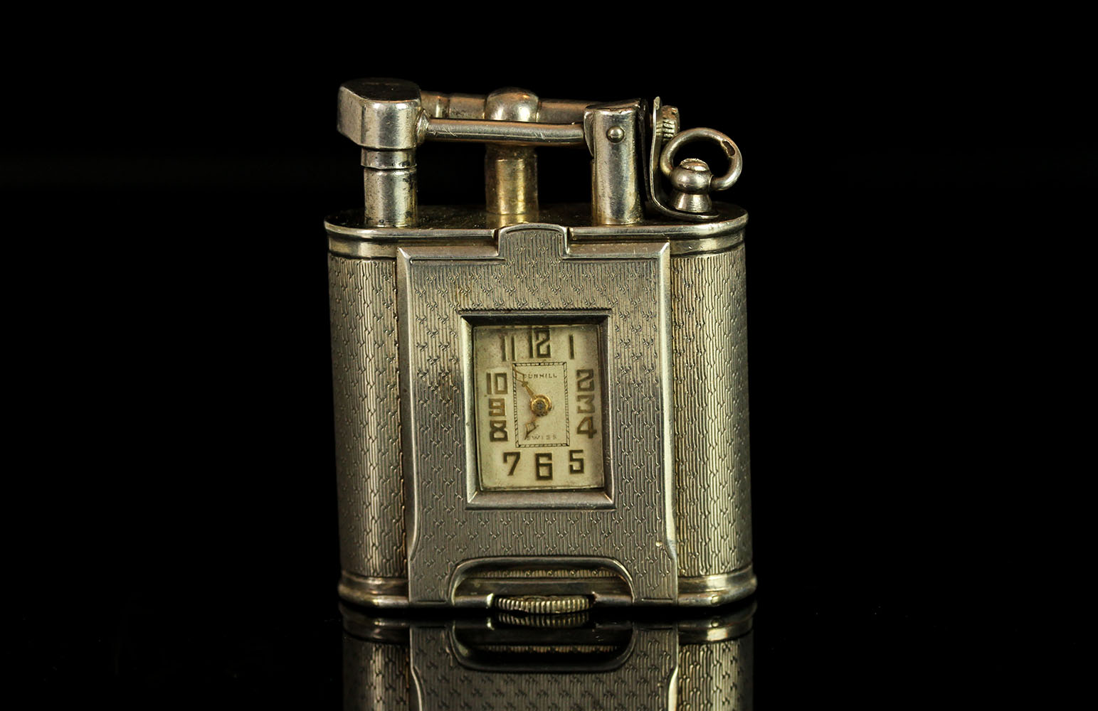 VINTAGE DUNHILL WATCH LIGHTER, silver dial and hands, silver arabic markers, stamped 925, 45x35mm