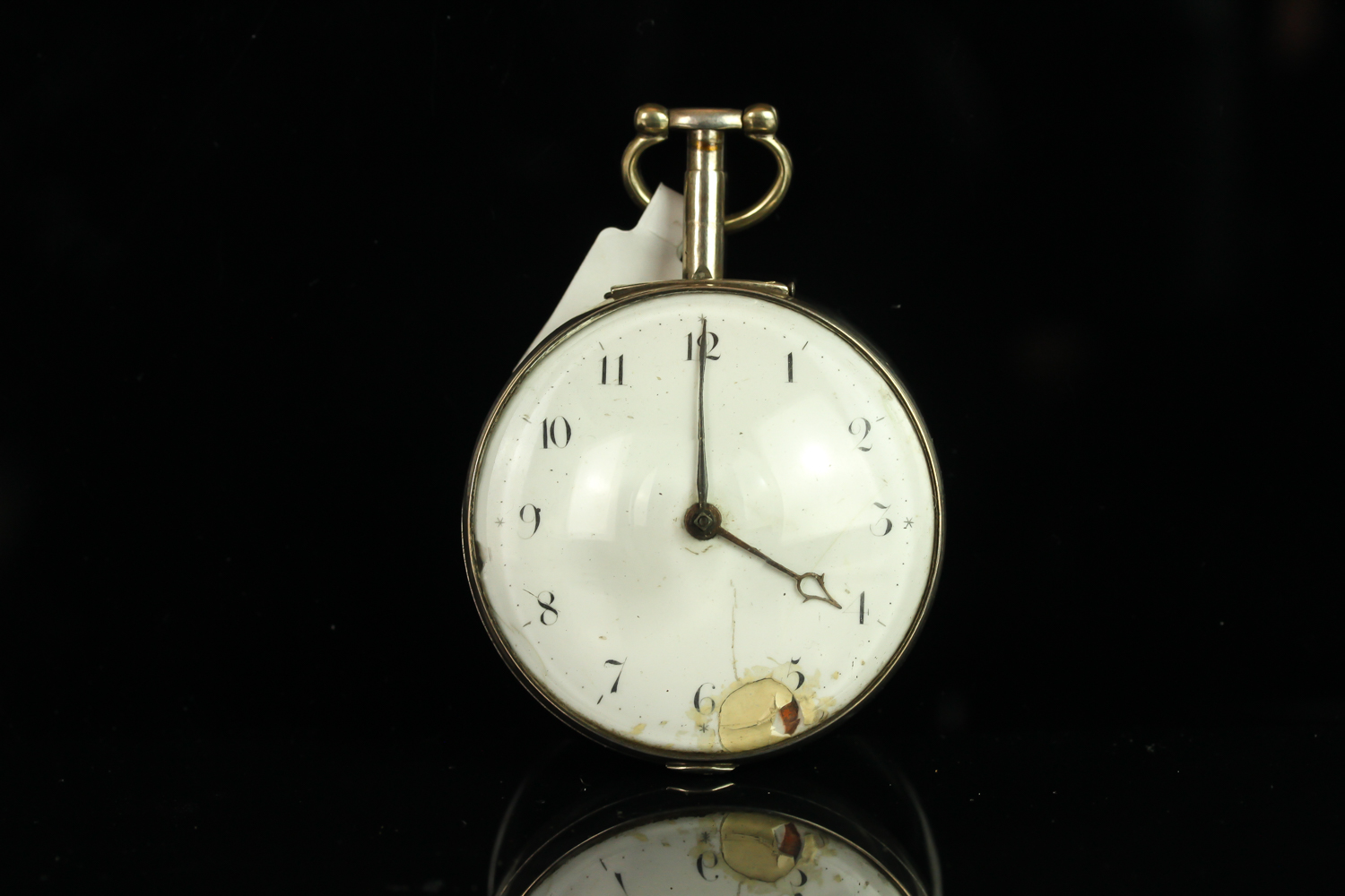 SILVER OPEN FACED POCKET WATCH, round, white porcelain dial with black hands, black arabic markers, - Image 3 of 4
