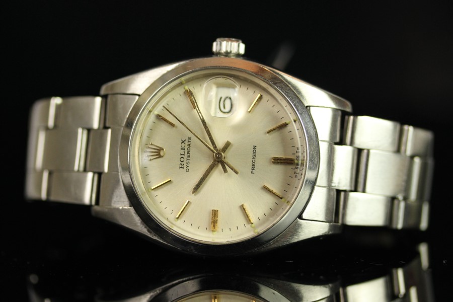 GENTLEMENS ROLEX OYSTERDATE PRECISION WRISTWATCH W/ BOX REF. 6494, circular silver dial with gold - Image 2 of 2