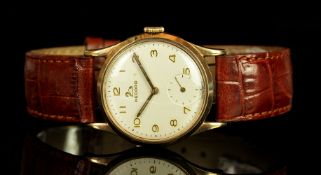 GENTLEMANS 9CT VINTAGE RECORD, round, white dial with gold hands, gold arabic markers, sub dial