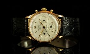GENTLEMANS 18K UNIVERSAL GENEVE, CLIMATE PROOF, COMPACT CHRONOGRAPH,round,silver dial with gold