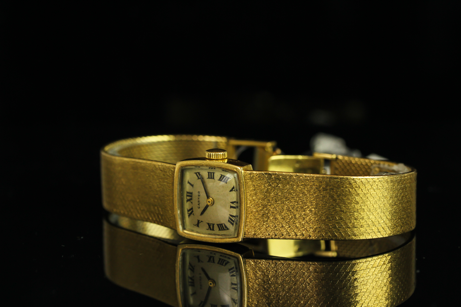 LADIES CARTIER 18CT GOLD WRISTWATCH, square aged dial with black roman numerals and hands, 17mm 18ct - Image 2 of 2
