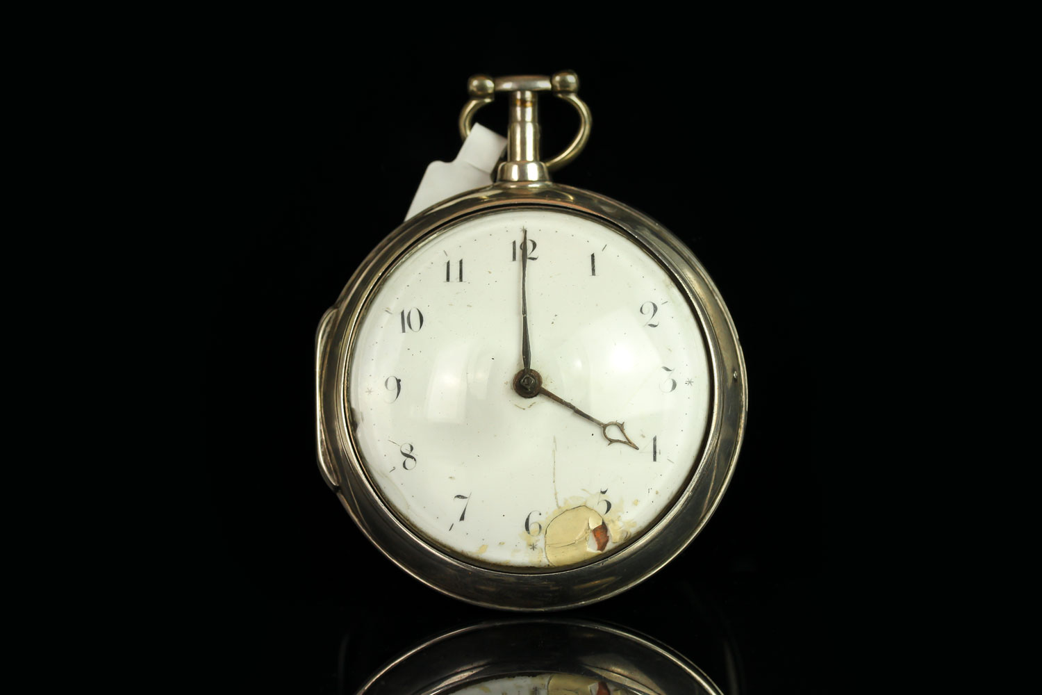 SILVER OPEN FACED POCKET WATCH, round, white porcelain dial with black hands, black arabic markers,