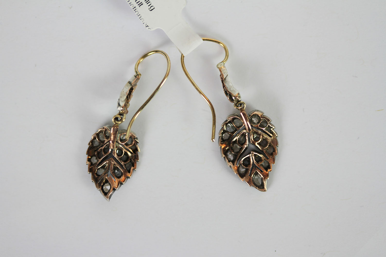 Victorian rose cut diamond leaf earrings, rose cut diamond leaves suspended from French wires, - Image 2 of 2