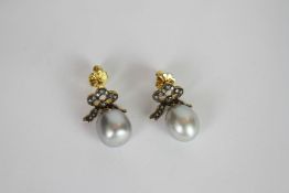 Pair of grey pearl and diamond drop earrings, grey pearls measure approximately 11.5mm x 9.6mm and