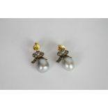 Pair of grey pearl and diamond drop earrings, grey pearls measure approximately 11.5mm x 9.6mm and