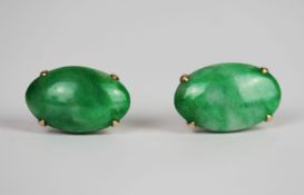 Pair of Jade earrings, 14x8.8mm oval cabochons, in yellow metal