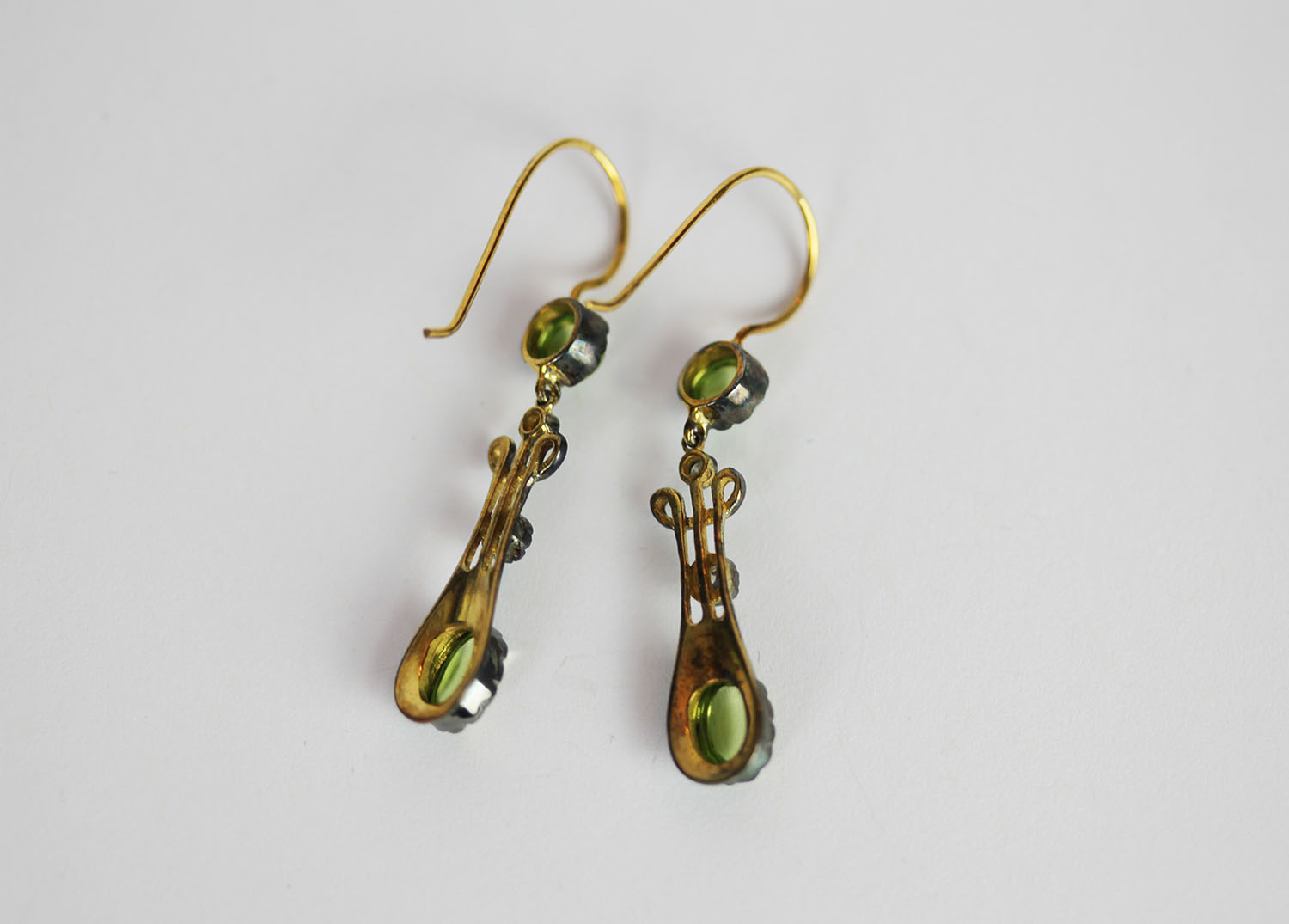 Pair of Peridot and Diamond drop earrings, each set with 2 cabochon cut peridots and 2 diamonds, - Image 2 of 3