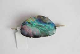 Black Opal brooch, large black boulder opal approximately 3.8x2.3cm, strong colour with red,