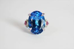 Blue Topaz, Pink Sapphire & Diamond set Cocktail ring, set with a London blue topaz approximately