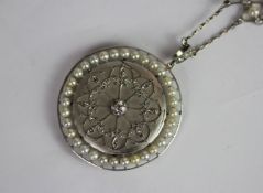 Fine Art Nouveau Diamond and Pearl pendant locket and chain, 3.3cm circular pendant, central old cut