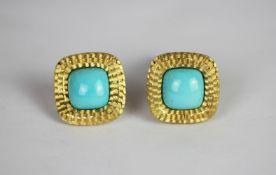 Turquoise and 18ct earrings, central cushion cut Turquoise cabochons, approximately 12mm square,