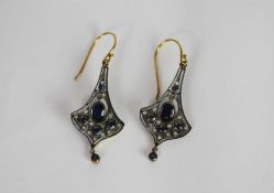 Pair of Sapphire and Diamond drop earrings, flared design, set with a total of 12 sapphires and 28
