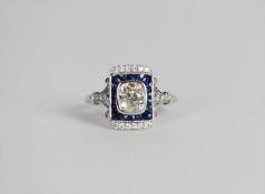 Art-Deco style Sapphire & Diamond ring, set with an old cut diamond totalling approximately 0.