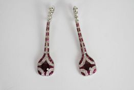 Pair of Art Deco-style Ruby & Diamond drop earrings, rubies totalling approximately 4.50ct, diamonds