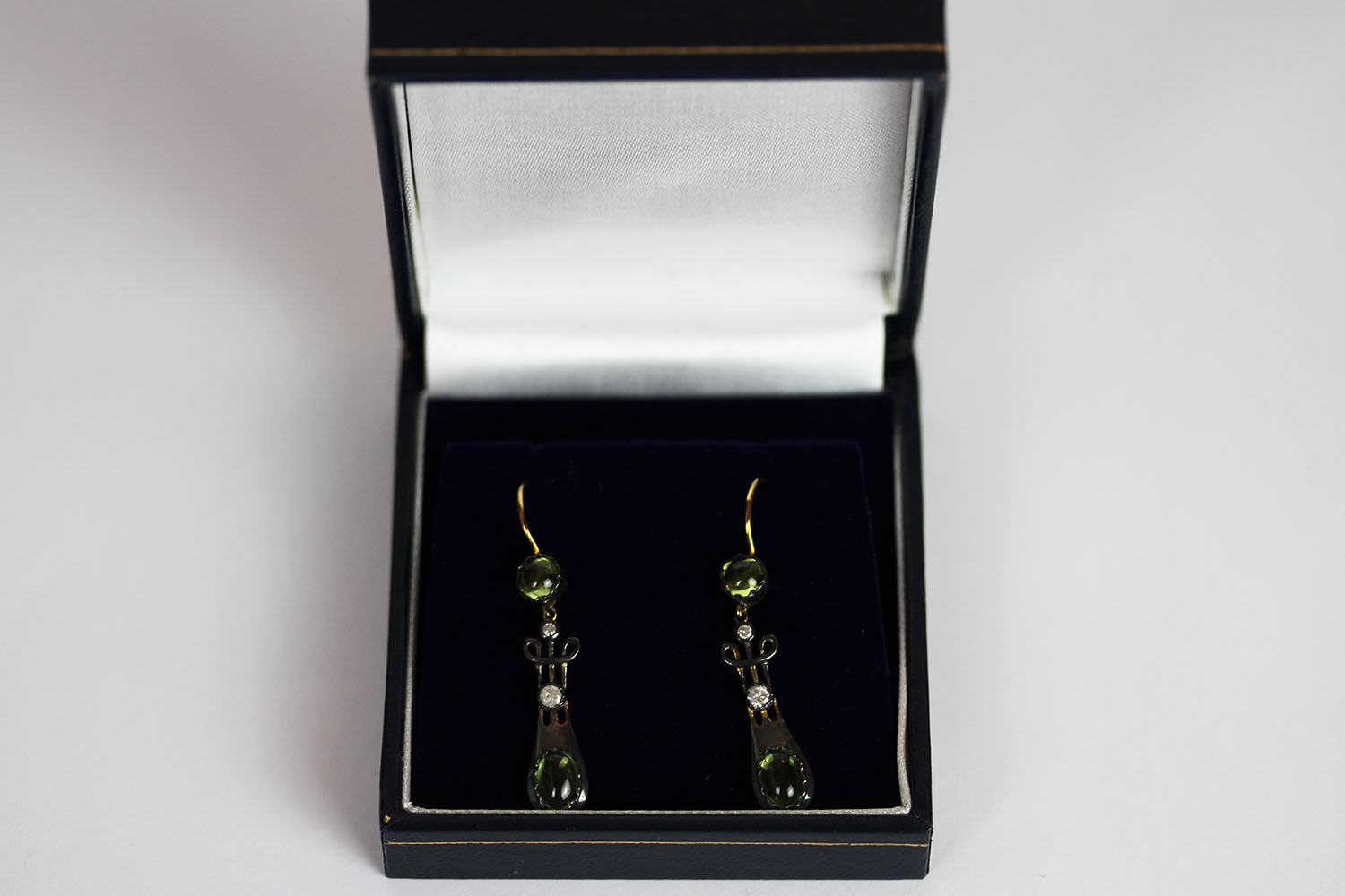 Pair of Peridot and Diamond drop earrings, each set with 2 cabochon cut peridots and 2 diamonds, - Image 3 of 3