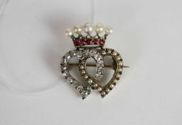 Victorian double heart brooch, one old cut diamond set the other set with seed pearls, ruby and