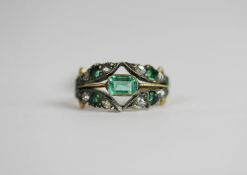 Georgian Style Emerald & Diamond ring, set with 7 emeralds and 8 diamonds, not hallmarked, finger