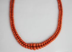 Vintage Double row of Coral Beads, two graduating rows, 9.4mm to 4.5mm, 47 and 45cm long, double