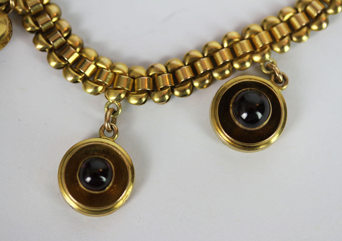 Garnet set bracelet, set with 6 cabochon cut garnet charms, not hallmarked, approximate length 18cm, - Image 3 of 3