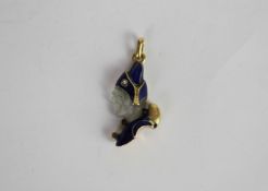 Rare carved and enamel jester pendant, finely carved face with blue enamel hat and collar, rose
