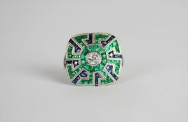 Art Deco/Aztec-style Diamond, Emerald & Sapphire ring, set with 1 old cut diamond to the centre