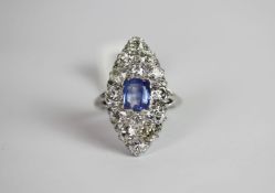 Sapphire & Diamond ring, set with 1 sapphire estimated 1.30ct, surrounded by 14 diamonds estimated