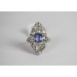 Sapphire & Diamond ring, set with 1 sapphire estimated 1.30ct, surrounded by 14 diamonds estimated