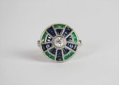 Diamond, Sapphire & Emerald ring, set with 1 round brilliant diamond to the centre, surrounded by