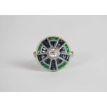 Diamond, Sapphire & Emerald ring, set with 1 round brilliant diamond to the centre, surrounded by