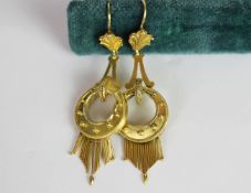 Victorian gilt earrings, hoops with tassel detail, suspended from shell design tops, french fire