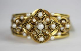 French Victorian Pearl, Rose diamond and Enamel bangle, central Pearl with a cluster of rose cut
