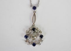 Edwardian Sapphire and diamond drop pendant, feature old cut diamond, estimated weight 0.50ct+, four