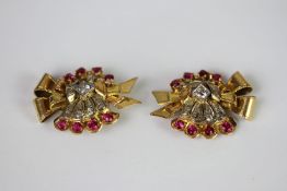 18CT RUBY AND DIAMOND SPRAY BOW CLIP ON EARRINGS,26x20mm,total weight 10.65