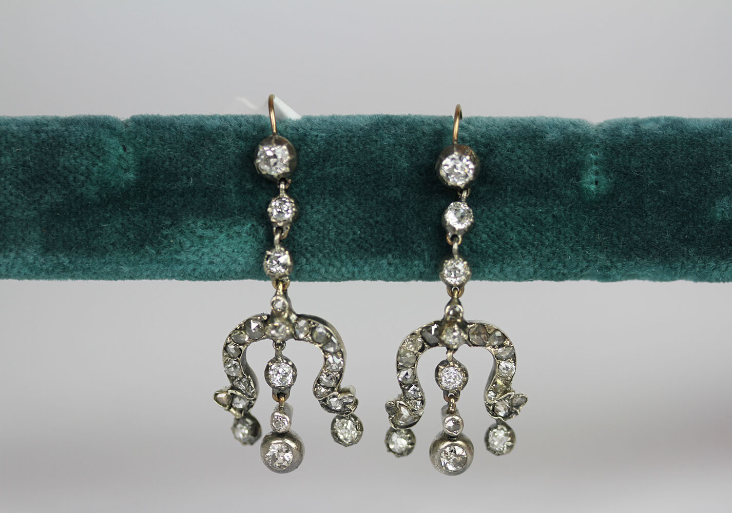 Victorian old cut diamond chandelier drop earrings, old and rose cut diamonds set across three