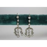 Victorian old cut diamond chandelier drop earrings, old and rose cut diamonds set across three