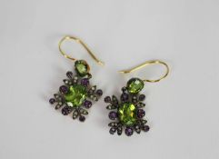Pair of Amethyst, Peridot & Diamond drop earrings, set with a total of 4 peridots, 16 amethysts,