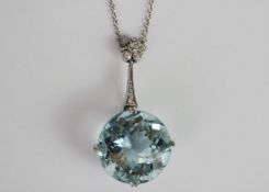 Edwardian Aquamarine and diamond drop pendant, round old cut Aquamarine, weighing 19.18ct, mounted