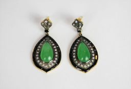 Pair of Jade, Onyx and Diamond drop earrings, set with a cabochon cut jade to each earring,