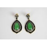 Pair of Jade, Onyx and Diamond drop earrings, set with a cabochon cut jade to each earring,
