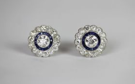 Early 20th Century Diamond and Sapphire set cluster earrings, central transitional cut diamonds