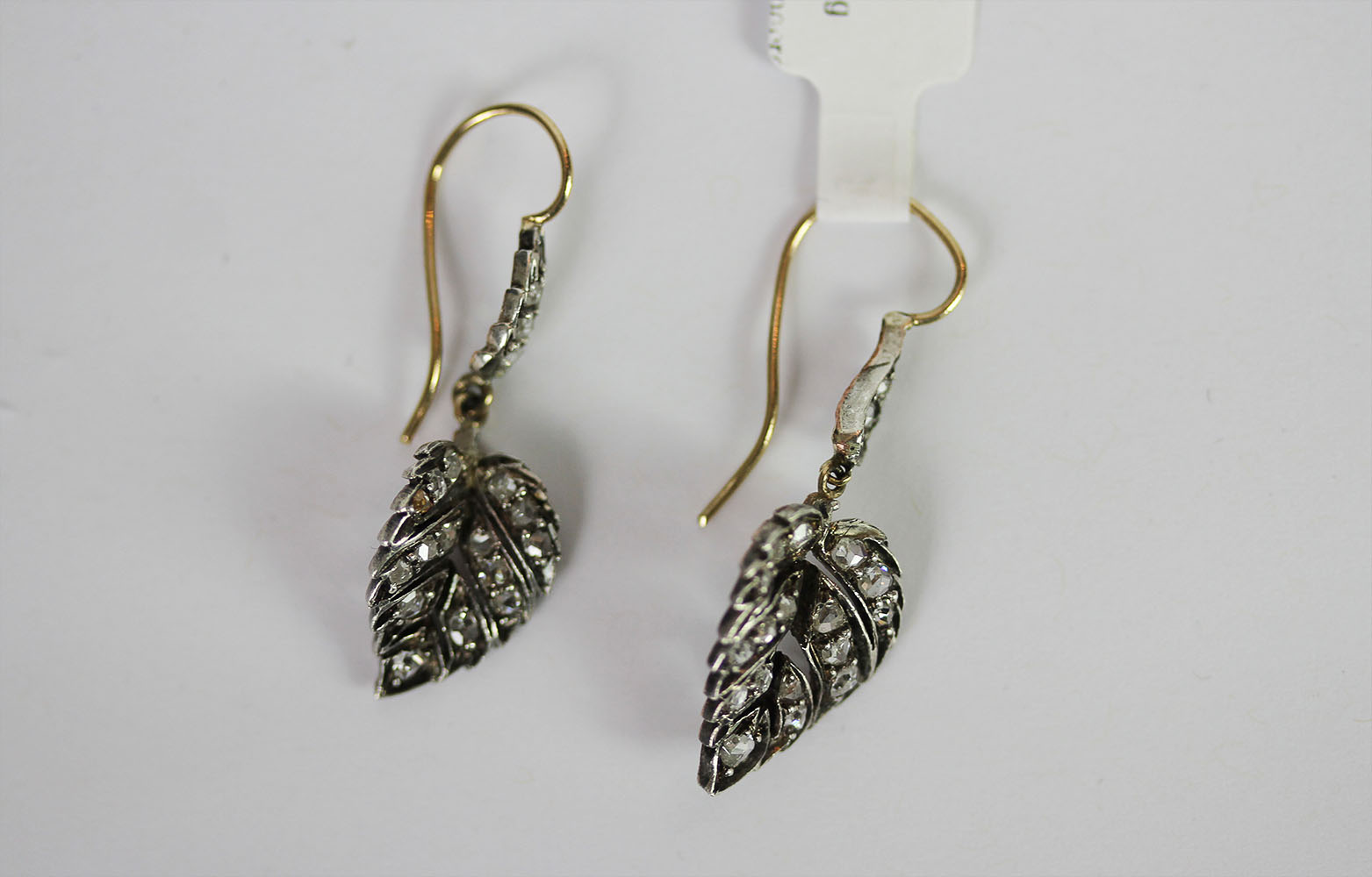 Victorian rose cut diamond leaf earrings, rose cut diamond leaves suspended from French wires,