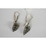 Victorian rose cut diamond leaf earrings, rose cut diamond leaves suspended from French wires,