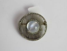 Art Deco Moonstone and diamond brooch, central 11.5mm cabochon moonstone, rose cut diamond border,