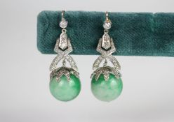 Jade and Diamond earrings, 14mm round Jade beads, rose cut diamond set detail, single and round