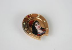 18CT HORSESHOE PORTRAIT WITH SEED PEARLS AND RUBY SLIDE PENDANT.tested 18ct not hallmarked, total