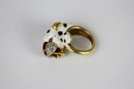 18CT WHITE, RED, BLACK ENAMEL AND OLD CUT DIAMOND LEOPARD HEAD RING,tested 18ct, total weight 15.
